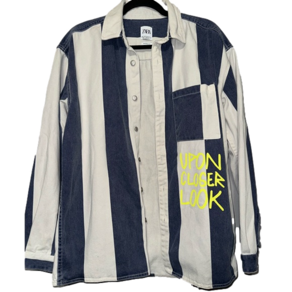 Men's Zara Dance the Days Away Striped Denim Jacket, Medium